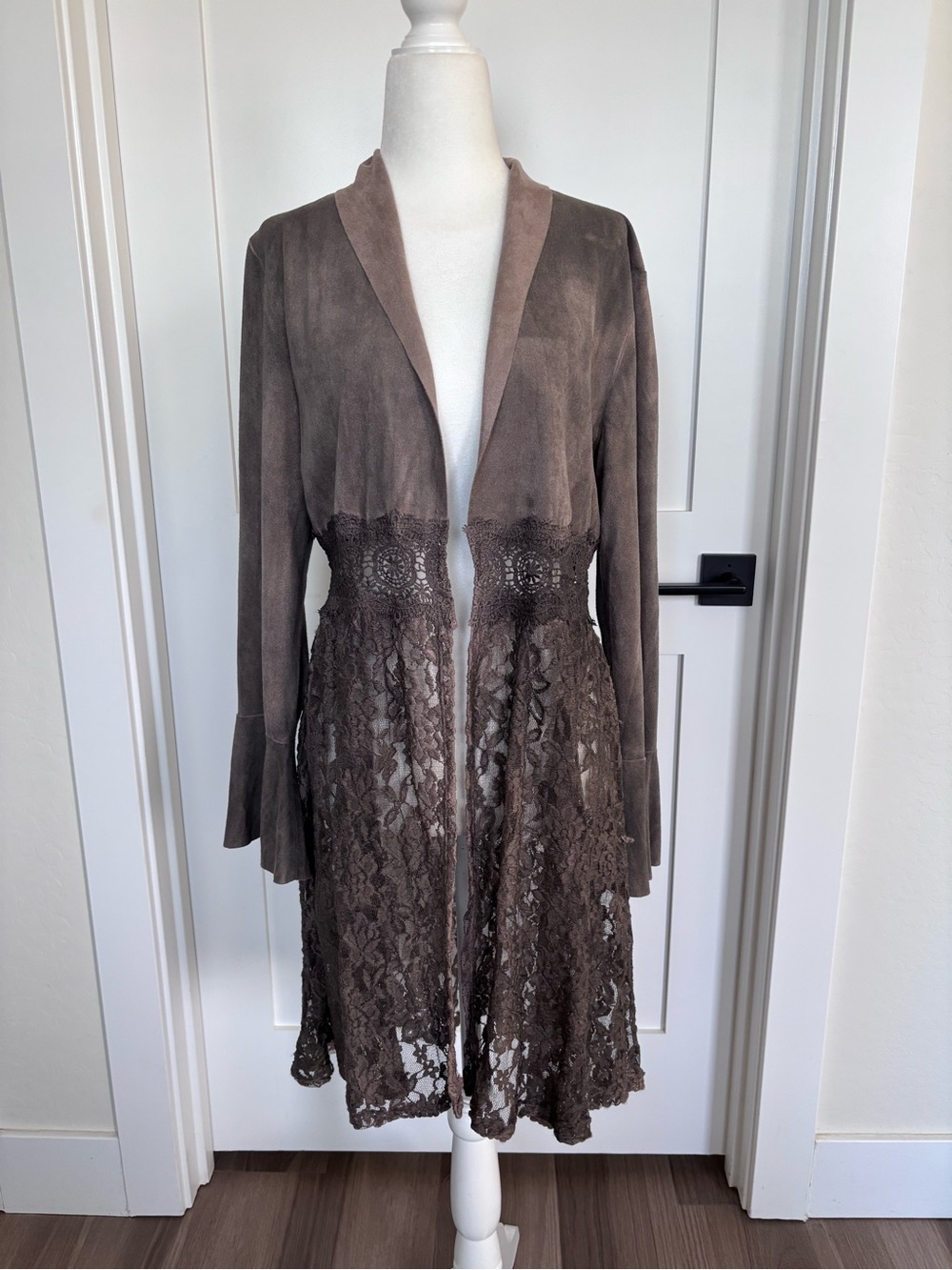 Vocal Taupe Suede & Lace Open-Front Jacket
